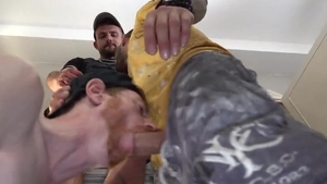 two Tradie Geezers Paint Unlucky Ginger's bawdy cleft White With sex cream before Shift